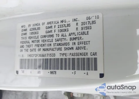 2010 Honda Accord 2.4 Lx from USA, damaged, VIN 1HGCP2F36AA171533